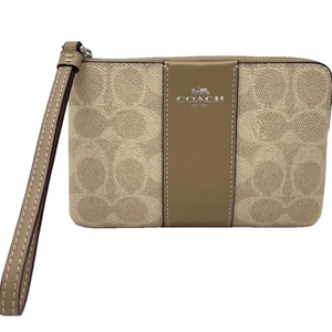 NEW COACH Corner Zip Wristlet in Signature Canvas with Stripe CW854 Sand/Taupe